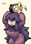  1girl ahoge al_bhed_eyes blush cowboy_shot hairband hex_maniac_(pokemon) long_hair looking_up messy_hair mimikyu open_mouth pokemon pokemon_(anime) pokemon_sm purple_hair ribbed_sweater sweater violet_eyes watson 