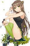  1girl :p absurdres bangs bare_shoulders black_skirt blush bow breasts brown_hair camisole closed_mouth double_bun eyebrows_visible_through_hair girls_frontline green_eyes green_legwear hair_between_eyes hair_bow hand_in_hair high_heels highres kneehighs long_hair looking_at_viewer mary_janes medium_breasts pleated_skirt rfb_(girls_frontline) rikoma shoes simple_background sitting skirt smile solo thighs tongue tongue_out white_background 