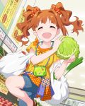  1girl artist_request bag bangs blunt_bangs cabbage closed_eyes collarbone curly_hair food groceries grocery_bag holding idolmaster idolmaster_million_live! idolmaster_million_live!_theater_days indoors looking_at_viewer official_art open_mouth orange_hair pants ribbon shopping shopping_bag short_sleeves smile solo spring_onion takatsuki_yayoi twintails 