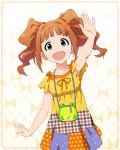  1girl arm_up armpits artist_request bag bangs blue_eyes blunt_bangs breasts checkered checkered_skirt collarbone curly_hair frog idolmaster idolmaster_million_live! idolmaster_million_live!_theater_days looking_at_viewer official_art open_mouth orange_hair polka_dot_skirt ribbon scrunchie short_sleeves skirt small_breasts smile solo takatsuki_yayoi twintails 