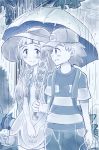  1boy 1girl blush kuriyama lillie_(pokemon) monochrome pokemon pokemon_(anime) pokemon_sm_(anime) rain satoshi_(pokemon) umbrella 