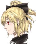  1girl absurdres bangs black_bow blonde_hair blush bow brown_dress closed_mouth commentary_request dress face hair_between_eyes hair_bow highres kurodani_yamame lian_gui nose ponytail profile red_eyes short_hair sidelocks simple_background smile solo touhou turtleneck white_background 