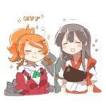  2girls =_= akagi_(kantai_collection) aquila_(kantai_collection) black_hair high_ponytail jacket japanese_clothes juliet_sleeves kantai_collection long_hair long_sleeves lowres multiple_girls muneate open_mouth orange_hair puffy_sleeves rebecca_(keinelove) red_jacket short_hair short_sleeves simple_background smile sparkle tasuki white_background 