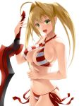  1girl :d aestus_estus bangs bikini blonde_hair blush breasts collarbone cowboy_shot criss-cross_halter eyebrows_visible_through_hair fate/grand_order fate_(series) from_side green_eyes hair_intakes halter_top halterneck hammerman_benkei holding holding_sword holding_weapon large_breasts long_hair looking_at_viewer nero_claudius_(swimsuit_caster)_(fate) open_mouth red_bikini sidelocks simple_background smile solo striped striped_bikini swimsuit sword twintails under_boob weapon white_background 