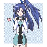  1girl :d atair bare_shoulders blue_hair blush bodysuit commentary_request covered_navel elbow_gloves gloves hair_between_eyes headphones heart heart_hands kazanari_tsubasa long_hair looking_at_viewer open_mouth senki_zesshou_symphogear side_ponytail smile solo thigh-highs violet_eyes 