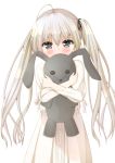  1girl ahoge bangs black_ribbon blush brown_eyes commentary_request covered_mouth cowboy_shot dress eyebrows_visible_through_hair grey_hair hair_between_eyes hair_ribbon haru_(konomi_150) head_tilt kasugano_sora long_hair long_sleeves looking_at_viewer object_hug ribbon simple_background sketch solo standing stuffed_animal stuffed_bunny stuffed_toy twintails very_long_hair white_background white_dress yosuga_no_sora 