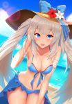  1girl bangs beach bikini blue_bikini blue_eyes blue_sky blush breasts cleavage collarbone cowboy_shot damao_yu day fate/grand_order fate_(series) flower hat hat_flower hibiscus highres leaning_forward long_hair looking_at_viewer marie_antoinette_(fate/grand_order) medium_breasts navel ocean parted_lips sarong silver_hair sky smile solo stomach swimsuit twintails very_long_hair 