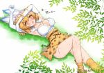  1girl animal_ears artist_name blush breasts cleavage collarbone elbow_gloves eyebrows_visible_through_hair gloves hot kemono_friends large_breasts looking_at_viewer lying on_back open_mouth orange_eyes orange_hair orange_skirt serval_(kemono_friends) serval_ears short_hair skirt solo sweat sweating sweating_profusely tansan_daisuki translated white_gloves 