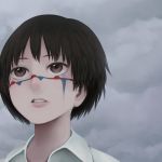  1girl black_hair brown_eyes close-up clouds cloudy_sky collared_shirt commentary day eyebrows_visible_through_hair facial_mark looking_up original parted_lips pink_lips shirt sky solo white_shirt yajirushi_(chanoma) 