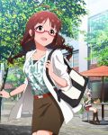  1girl 2girls akizuki_ritsuko alternate_hairstyle artist_request bag bangs belt blunt_bangs boots braid brown_eyes brown_hair collarbone day floral_print glasses hairband holding idolmaster idolmaster_million_live! idolmaster_million_live!_theater_days long_hair looking_at_another looking_up multiple_girls official_art open_mouth outdoors shijou_takane silver_hair sitting skirt smile solo_focus sunlight tree twin_braids violet_eyes 