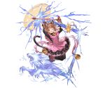  1girl ;d animal_ears apron bell bell_collar black_legwear brown_hair card_captor_sakura cat_ears cat_tail collar dress fuuin_no_tsue granblue_fantasy green_eyes jumping kero kinomoto_sakura lightning magic_circle magical_girl minaba_hideo official_art one_eye_closed open_mouth pantyhose paw_pose smile tail thunder_(clow_card) transparent_background wand 