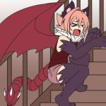  &gt;_&lt; &gt;o&lt; 1girl animal_ears closed_eyes d: fang from_side fur_collar grey_shorts hair_between_eyes highres indoors less lion_ears manticore_(monster_girl_encyclopedia) monster_girl monster_girl_encyclopedia open_mouth paws pink_hair prehensile_hair railing red_shirt shirt shorts solo spikes squatting stairs stuck tears wings 
