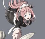  1girl apron felicia_(fire_emblem_if) fire_emblem fire_emblem_if gem grey_background long_hair maid_apron maid_headdress open_mouth pink_hair plate ponytail simple_background solo teeth thigh-highs 