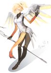  1girl absurdres angel_wings artist_name blonde_hair blue_eyes blush breasts dated ejieaa eyebrows full_body gun highres holding holding_gun holding_weapon looking_at_viewer medium_breasts mercy_(overwatch) overwatch parted_lips short_hair short_ponytail smile solo standing weapon wings 