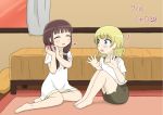  ! 2girls :d :o ^_^ alternate_hairstyle aqua_eyes bangs bare_legs barefoot bed blonde_hair blunt_bangs blush box breasts brown_hair brown_shorts carpet casual closed_eyes collarbone commentary_request curtains dated dress eyebrows_visible_through_hair flat_chest full_body gift gift_box gochuumon_wa_usagi_desu_ka? hair_ornament hair_scrunchie heart holding holding_gift indoors karigane_yuuma kirima_sharo long_hair looking_at_another low_twintails multiple_girls open_mouth scrunchie shirt short_hair short_sleeves short_twintails shorts sitting small_breasts smile sunset t-shirt toes twintails ujimatsu_chiya white_dress white_shirt window 