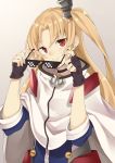  1girl anchor azur_lane bangs blonde_hair capelet choker cleveland_(azur_lane) e_draw_paint fingerless_gloves gloves hair_ornament highres long_hair looking_at_viewer meme one_side_up parted_bangs red_eyes removing_eyewear smile solo star_choker sunglasses 
