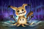  claws eric_proctor forest full_body looking_at_viewer mimikyu nature no_humans outdoors pokemon pokemon_(creature) signature solo tail 