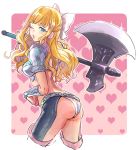  1girl ass axe black_legwear blonde_hair blue_eyes bow breastplate breasts charlotte_(fire_emblem_if) cowboy_shot fire_emblem fire_emblem_if gauntlets glint hair_bow hashiko_(neleven) heart heart_background long_hair looking_at_viewer looking_back medium_breasts midriff one_eye_closed over_shoulder panties pink_background puckered_lips sketch solo twitter_username underwear weapon weapon_over_shoulder white_panties 
