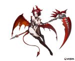  1girl bare_shoulders between_breasts breasts company_name demon_girl demon_horns demon_tail demon_wings detached_collar elbow_gloves epis_(king&#039;s_raid) ezu_(leejiyu) full_body gem gloves highres horns king&#039;s_raid large_breasts looking_at_viewer navel official_art pale_skin red_eyes red_lips redhead revealing_clothes scythe short_hair smile solo tail torn_wings transparent_background wings 