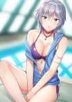  1girl anastasia_(idolmaster) armband bare_shoulders between_legs bikini bikini_under_clothes blue_eyes blue_vest blurry blurry_background breasts cleavage collarbone commentary_request eyelashes hair_between_eyes hand_between_legs idolmaster idolmaster_cinderella_girls indoors jewelry knee_up medium_breasts navel necklace off_shoulder open_clothes open_mouth open_vest pendant pool purple_bikini rei_no_pool short_hair side-tie_bikini silver_hair sitting solo swimsuit thighs umihotaru_harumare vest water zipper zipper_pull_tab 