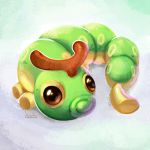  blue_background brown_eyes caterpie eric_proctor full_body looking_at_viewer no_humans pokemon pokemon_(creature) signature solo 