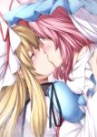  2girls blonde_hair blush breast_press breasts closed_eyes commentary french_kiss from_side hat hat_ribbon highres kiss large_breasts long_hair mob_cap multiple_girls nori_tamago pink pink_hair profile red_eyes ribbon saigyouji_yuyuko sweat tareme touhou upper_body work_in_progress yakumo_yukari yuri 