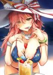  1girl animal_ears bare_shoulders between_breasts bikini blue_bikini bow bracelet breasts cleavage day fate/extra fate/grand_order fate_(series) food fox_ears fruit glass hat hat_bow highres holding jewelry large_breasts leaning_forward long_hair looking_at_viewer necklace outdoors pink_hair smile solo spoon strawberry striped striped_bow summer sun_hat swimsuit tamamo_(fate)_(all) tamamo_no_mae_(swimsuit_lancer)_(fate) umakuchi_shouyu white_hat yellow_eyes 