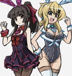  2girls :d akatsuki_kirika alternate_hairstyle animal_ears bangs bare_shoulders black_dress black_hair blonde_hair blue_earrings blunt_bangs bow breasts bunnysuit christopher_columbus_(fate/grand_order) christopher_columbus_(fate/grand_order)_(cosplay) cleavage commentary_request cosplay cross cross_earrings detached_collar dress earrings egg fake_animal_ears fate/grand_order fate_(series) frown green_eyes grey_background hair_bow hair_ornament hand_on_hip jewelry layered_dress leotard looking_at_viewer medium_breasts multiple_girls oonamuamidabutu open_mouth pantyhose ponytail purple_hair rabbit_ears red_earrings senki_zesshou_symphogear simple_background small_breasts smile thigh-highs tsukuyomi_shirabe vertical-striped_leotard wrist_cuffs x_hair_ornament 