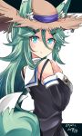  1girl blue_eyes commentary_request detached_sleeves flying_sweatdrops fox_tail green_hair hair_ornament hairclip hat hebitsukai-san highres kantai_collection kemonomimi_mode long_hair looking_at_viewer parted_lips school_uniform serafuku solo straw_hat tail tail_wagging yamakaze_(kantai_collection) 