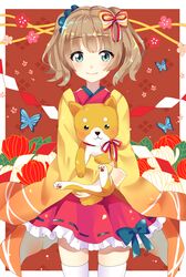  1girl animal black_bow blue_eyes blush bow brown_hair butterfly dog flower frilled_skirt frills hair_bow highres holding holding_animal looking_at_viewer nengajou new_year original red_skirt skirt smile solo standing thigh-highs white_legwear yuikosoba 