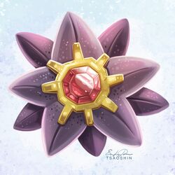  blue_background eric_proctor facing_viewer full_body gem no_humans pokemon pokemon_(creature) shiny signature solo starmie 