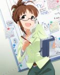  1girl akizuki_ritsuko antenna_hair artist_request bangs belt blunt_bangs book brown_eyes brown_hair collarbone corded_phone folded_ponytail frills glasses holding holding_book holding_pen idolmaster idolmaster_million_live! idolmaster_million_live!_theater_days jacket looking_up official_art open_mouth pen phone semi-rimless_eyewear smile solo 