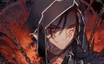  1boy artist_name black_hair chains commentary_request cu_chulainn_alter_(fate/grand_order) earrings face facepaint fate/grand_order fate_(series) fur_trim grin hair_between_eyes half-closed_eyes hood_up jewelry kawacy lancer looking_at_viewer male_focus parted_lips red_eyes sharp_teeth smile spikes teeth upper_body 