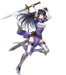  1girl armor armored_boots armored_dress ayra_(fire_emblem) belt belt_buckle belt_pouch black_hair boots breastplate dress elbow_gloves facing_to_the_side female fighting_stance fire_emblem fire_emblem_heroes full_body gloves hair_between_eyes highres holding holding_sword holding_weapon long_hair looking_away looking_to_the_side official_art pauldrons shoulder_armor simple_background solo sword thigh-highs thigh_boots thighhighs transparent_background weapon 