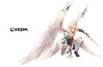  1boy arm_support blonde_hair blue_eyes character_request company_name detached_sleeves ezu_(leejiyu) feathered_wings full_body highres king&#039;s_raid looking_at_viewer male_focus multiple_wings official_art one_knee pointy_ears polearm solo transparent_background weapon white_wings wing_ornament wings 