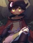  1boy blush brown_hair cape collar dark_skin facial_mark fake_horns helmet highres horns kiri220727 made_in_abyss male_child male_focus marking_on_cheek mechanical_arms metal_collar navel open_mouth pointy_ears red_cape regu_(made_in_abyss) short_hair sitting solo tattoo yellow_eyes 
