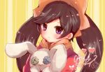  1girl alternate_eye_color ashley_(warioware) bangs black_hair blush button_eyes character_name closed_mouth commentary_request dress eyebrows_visible_through_hair hairband heart herunia_kokuoji holding holding_stuffed_animal long_hair long_sleeves looking_at_viewer neckerchief orange_hairband orange_neckwear portrait red_dress signature solo striped stuffed_animal stuffed_bunny stuffed_toy swept_bangs twintails vertical-striped_background vertical_stripes violet_eyes warioware yellow_background 