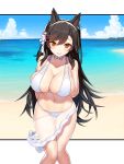  1girl absurdres animal_ears arms_behind_back asamura_hiori atago_(azur_lane) azur_lane bangs beach bikini black_hair blue_sky breasts choker cleavage closed_mouth collarbone eyebrows_visible_through_hair flower hair_flower hair_ornament highres horizon knees_together_feet_apart large_breasts long_hair looking_at_viewer mole mole_under_eye navel orange_eyes outdoors outside_border sarong skindentation sky smile solo swept_bangs swimsuit thigh_gap twintails very_long_hair white_bikini 