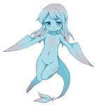  1girl bangs blue_eyes blue_hair blue_sclera blue_skin closed_mouth eyebrows_visible_through_hair fins fish_girl fish_tail flat_chest full_body gills kamaboko_(mato225) long_hair looking_at_viewer mermaid monster_girl no_feet no_hands nude original red_pupils shark_girl simple_background smile solo thigh_gap white_background 