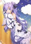  1girl ahoge azur_lane black_bow bow clouds dress elbow_gloves gloves hair_ribbon long_hair lying object_namesake on_side pantyhose purple_hair ribbon solo stuffed_animal stuffed_toy twitter_username unicorn unicorn_(azur_lane) violet_eyes white_dress white_gloves white_legwear yumekui 