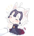  1boy 1girl :o ahoge animal_ears arm_guards bell beni_shake black_dress black_legwear blush cape cat_ears cat_tail chibi closed_eyes dress fate/grand_order fate_(series) food fujimaru_ritsuka_(male) full_body hand_on_another&#039;s_chin headpiece jeanne_alter jingle_bell kemonomimi_mode lowres minigirl onigiri open_mouth pantyhose petting purple_cape red_ribbon ribbon ruler_(fate/apocrypha) short_hair silver_hair simple_background sitting sleepy solo_focus tail tail_ribbon wariza white_background 