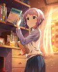  1girl artist_request bangs blue_skirt book bookshelf building closed_mouth curtains holding holding_book idolmaster idolmaster_million_live! idolmaster_million_live!_theater_days indoors makabe_mizuki necktie official_art pleated_skirt purple_hair school_uniform short_hair skirt smile solo sunset sweater_vest window yellow_eyes 