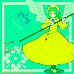  1girl :| angel_wings aqua_background aqua_eyes blonde_hair buttons character_name choker closed_mouth copyright_name dress elona english eyebrows eyelashes facing_viewer feathered_wings feathers flat_chest flat_color floral_background flower full_body gem goddess green_footwear green_hair green_legwear green_neckwear green_ribbon hat head_wings high_contrast highres holding holding_spear holding_weapon juliet_sleeves jure_of_healing lace lace-trimmed_dress lace-trimmed_sleeves lace_trim legs_crossed long_hair long_sleeves looking_at_viewer multicolored_hair pantyhose polearm puffy_long_sleeves puffy_sleeves ribbon ribbon-trimmed_clothes ribbon-trimmed_shoes ribbon_choker ribbon_trim shadow shoes shunkichi sleeves_past_wrists solo spear text turtleneck two-tone_hair watson_cross wavy_hair weapon white_wings wide_sleeves wings yellow_dress yellow_hat 