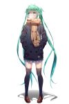  1girl black_legwear coat geduan green_eyes green_hair hands_in_pockets hatsune_miku highres loafers long_hair looking_away pigeon-toed scarf shoes simple_background skirt solo thigh-highs twintails very_long_hair vocaloid white_background 