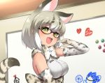  1girl :d animal_ears black-framed_eyewear blush bow bowtie breasts cat_ears cat_tail commentary_request elbow_gloves fang glasses gloves green_eyes indoors kemono_friends looking_at_viewer margay_(kemono_friends) margay_print medium_breasts multicolored_hair open_mouth ransusan short_hair silver_hair sleeveless smile solo tail upper_body white_hair whiteboard 