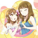  2girls :o breasts brown_hair cleavage closed_eyes facial_tattoo galaxy_hide_and_seek grin hair_ornament hand_on_another&#039;s_head heart heart_hands heart_hands_duo kunikida_hanamaru long_hair love_live! love_live!_sunshine!! medium_breasts multiple_girls seiyuu seiyuu_connection smile star surfing_orange takatsuki_kanako tattoo wings yellow_eyes 