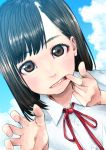  1girl bangs blue_sky bob_cut brown_eyes brown_hair buttons close-up clouds cloudy_sky collared_shirt commentary_request day dutch_angle eyebrows_visible_through_hair finger_in_mouth fingernails highres looking_at_viewer neck_ribbon original ouhashi_(yumenosukima) outdoors red_ribbon ribbon school_uniform shirt short_hair short_sleeves sky solo teeth white_shirt 