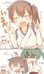  !? 2koma 3girls :d anger_vein artist_name blue_ribbon blush_stickers breasts brown_hair chopping closed_eyes comic commentary double_v eyebrows_visible_through_hair green_hair hair_between_eyes hair_tie hairband ina_(1813576) japanese_clothes kaga_(kantai_collection) kantai_collection kimono long_hair multiple_girls open_mouth ribbon shaded_face short_sleeves shoukaku_(kantai_collection) side_ponytail simple_background smile straight_hair tasuki translated twintails v white_background white_hair white_kimono zuikaku_(kantai_collection) 