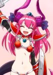 1girl :d ^_^ ^o^ arm_up armor bikini bikini_armor black_gloves black_ribbon blush closed_eyes collar curled_horns elbow_gloves elizabeth_bathory_(brave)_(fate) facing_viewer fangs fate/grand_order fate_(series) gloves gradient gradient_background hair_ribbon head_tilt highres holding_shield lancer_(fate/extra_ccc) long_hair long_sleeves navel open_mouth orange_background pointy_ears puyo red_bikini ribbon shield shoulder_armor sidelocks smile solo spaulders stomach swimsuit tail tiara two_side_up upper_body vambraces