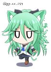  1girl animal_ears black_legwear cat_ears cat_tail chibi detached_sleeves green_hair gu-rahamu_omega_x hair_between_eyes hair_ornament hair_ribbon hairclip kantai_collection kemonomimi_mode long_hair looking_at_viewer pleated_skirt ribbon school_uniform serafuku simple_background skirt solo standing standing_on_one_leg tail thigh-highs translation_request twitter_username whiskers white_background yamakaze_(kantai_collection) zettai_ryouiki 